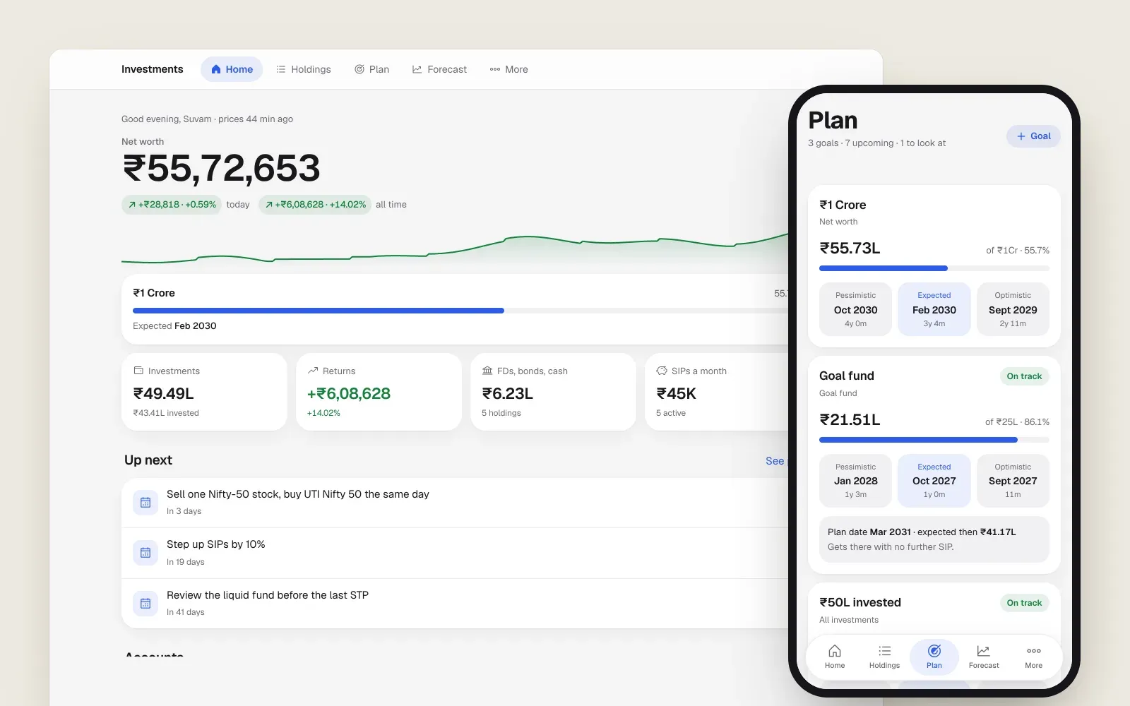 The Investments home screen in a browser window, showing net worth, today's change, progress towards a goal and what's coming up. Beside it, the Plan screen on a phone, with each goal's pessimistic, expected and optimistic dates.