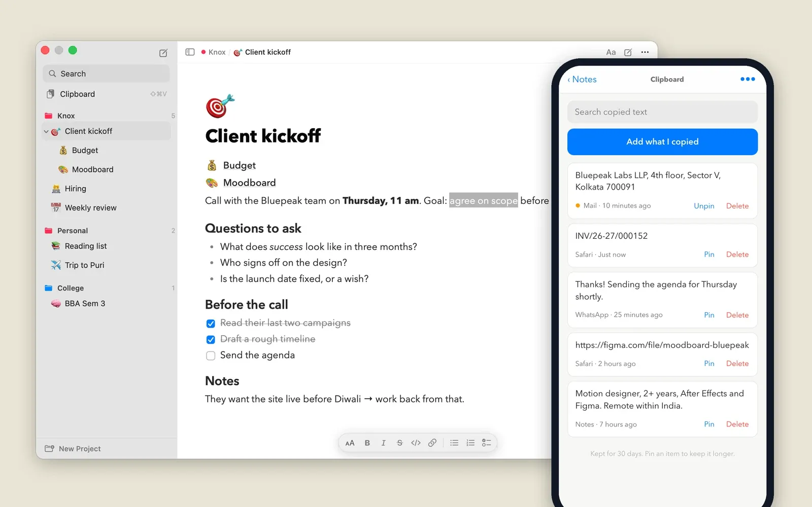 The Mac app showing a page called Client kickoff, with a sidebar of projects and pages and a floating formatting bar. Beside it, the phone app's Clipboard listing recently copied text.