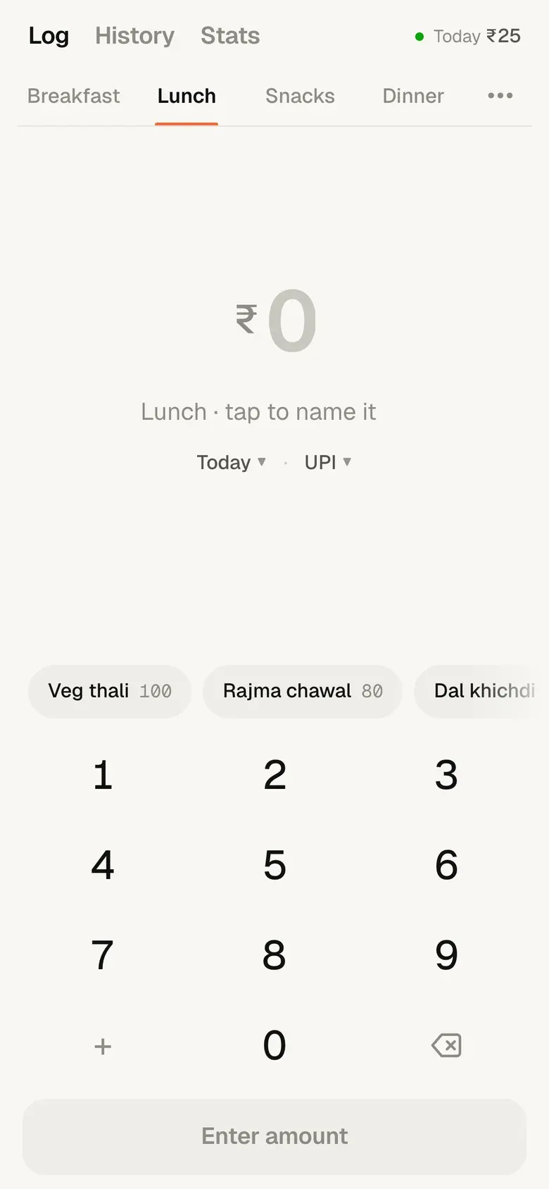 The Log screen at lunchtime: ₹0, the Usual row with Veg thali 100, Rajma chawal 80 and Dal khichdi, and the keypad