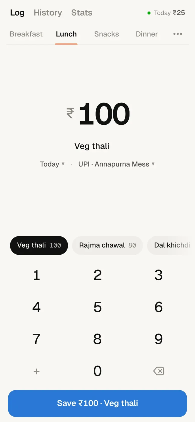 Veg thali tapped: ₹100, Veg thali, UPI at Annapurna Mess, and a blue Save button