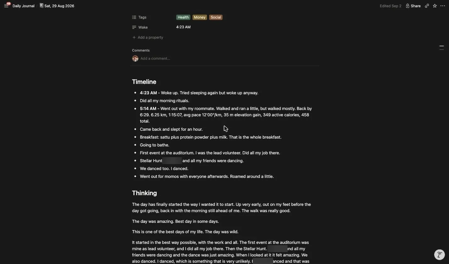 A real Thinking section — full paragraphs from three minutes of talking, kept at length instead of compressed to one line
