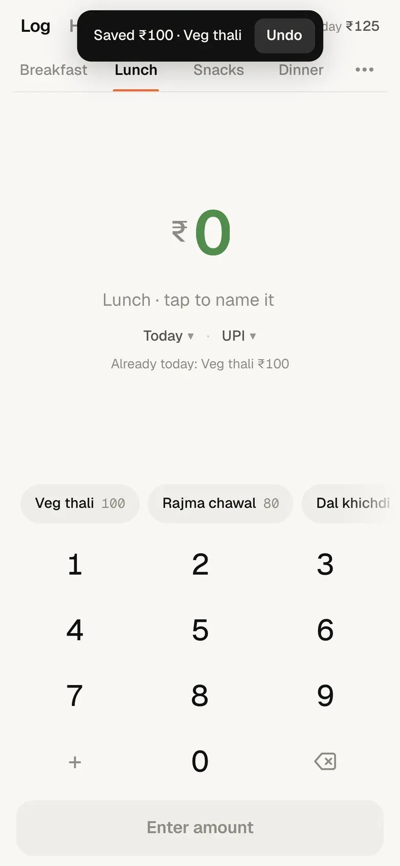 After saving: a toast at the top reads Saved ₹100 · Veg thali with an Undo button