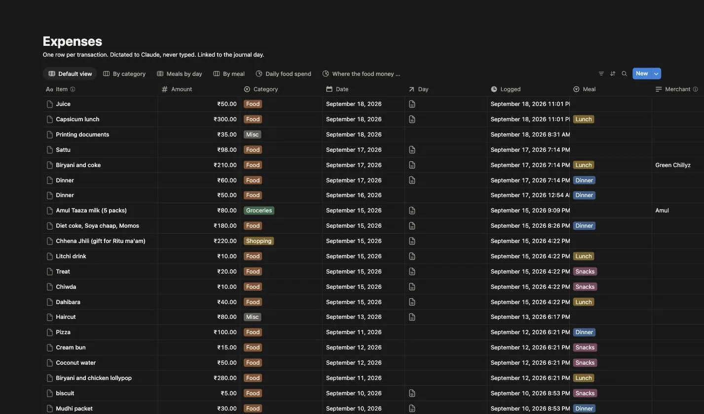 The Expenses database — one row per transaction, dictated to Claude, never typed