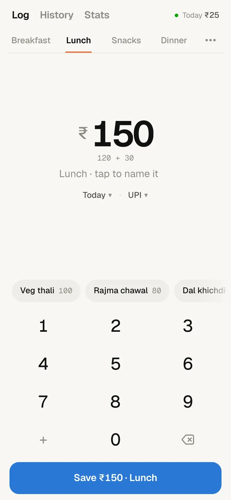 The keypad showing 120 + 30 adding up to ₹150, with Save ₹150 · Lunch