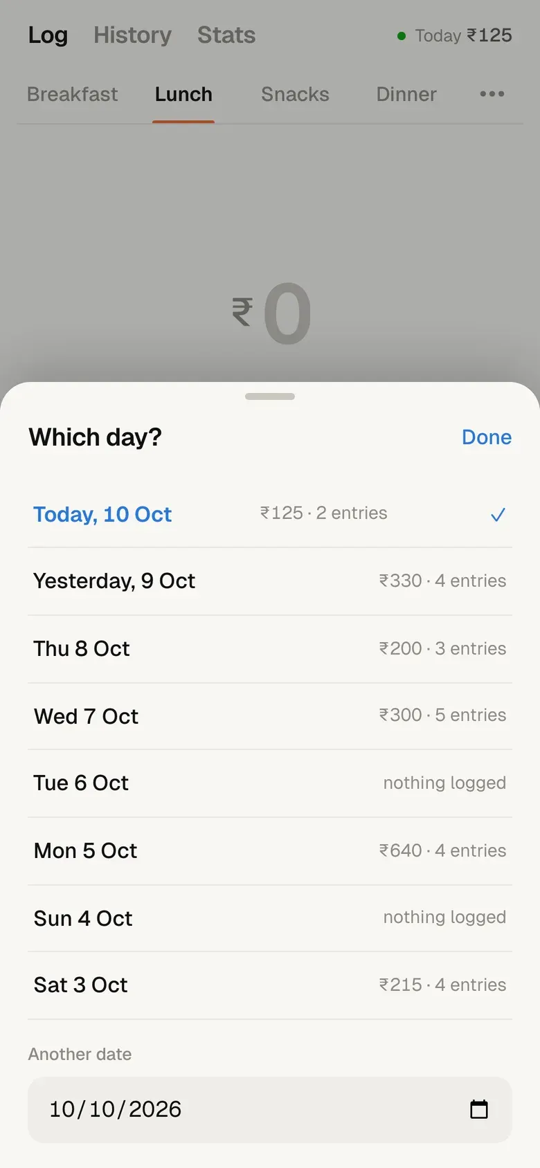 The day picker: the last eight days, each with its total and number of entries, and two days marked nothing logged