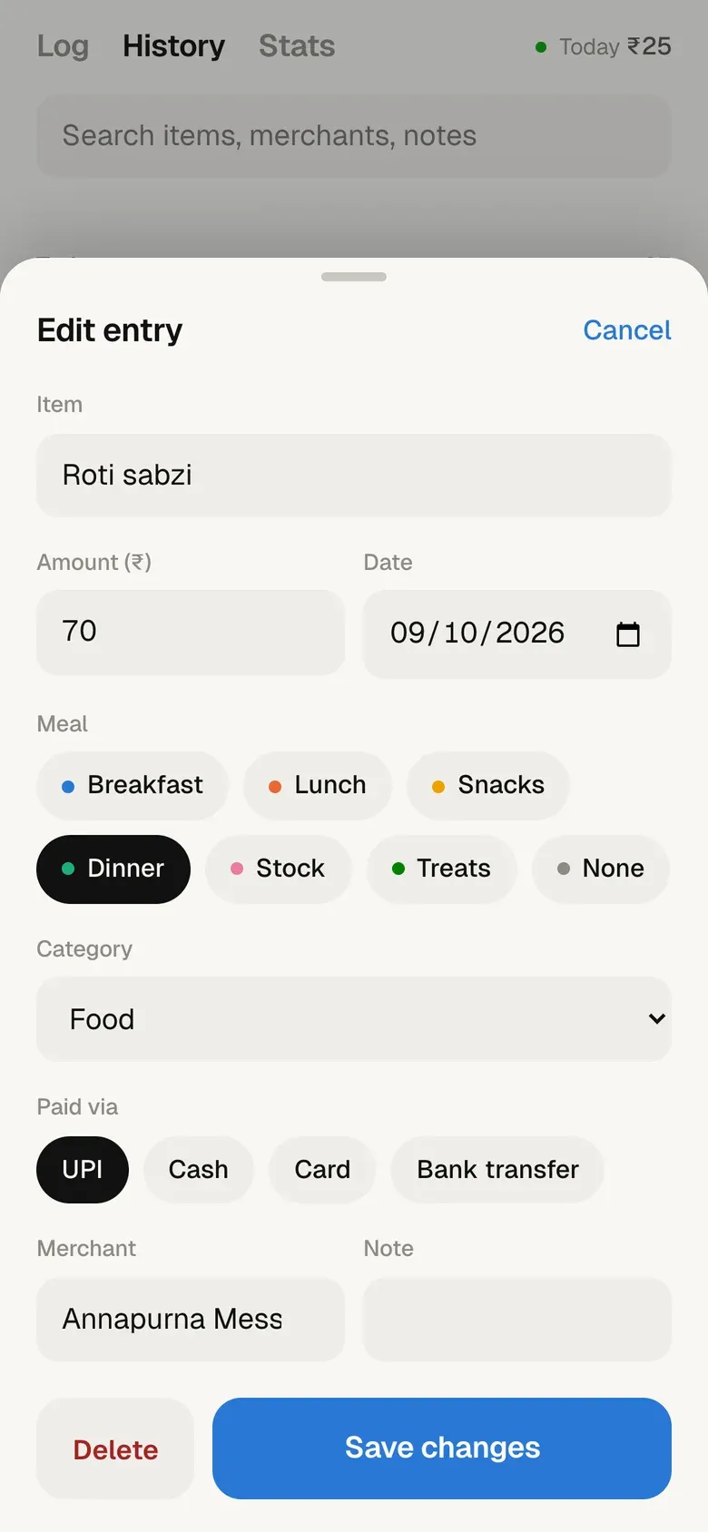 The edit sheet for Roti sabzi: amount, date, meal, category, payment method, merchant and note, with Delete and Save changes