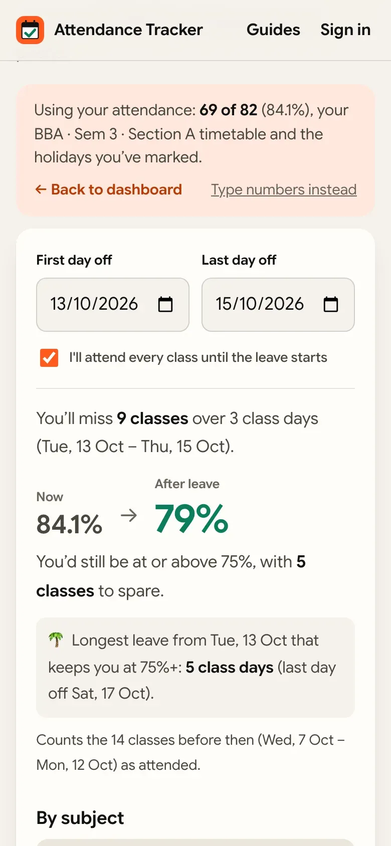 The leave planner, filled in from the student's own attendance and timetable