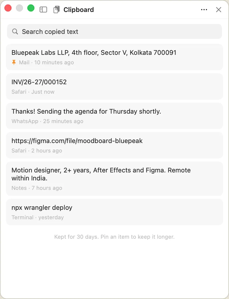 The Clipboard on the Mac: a search field and a list of copied text, each with the app it came from and when