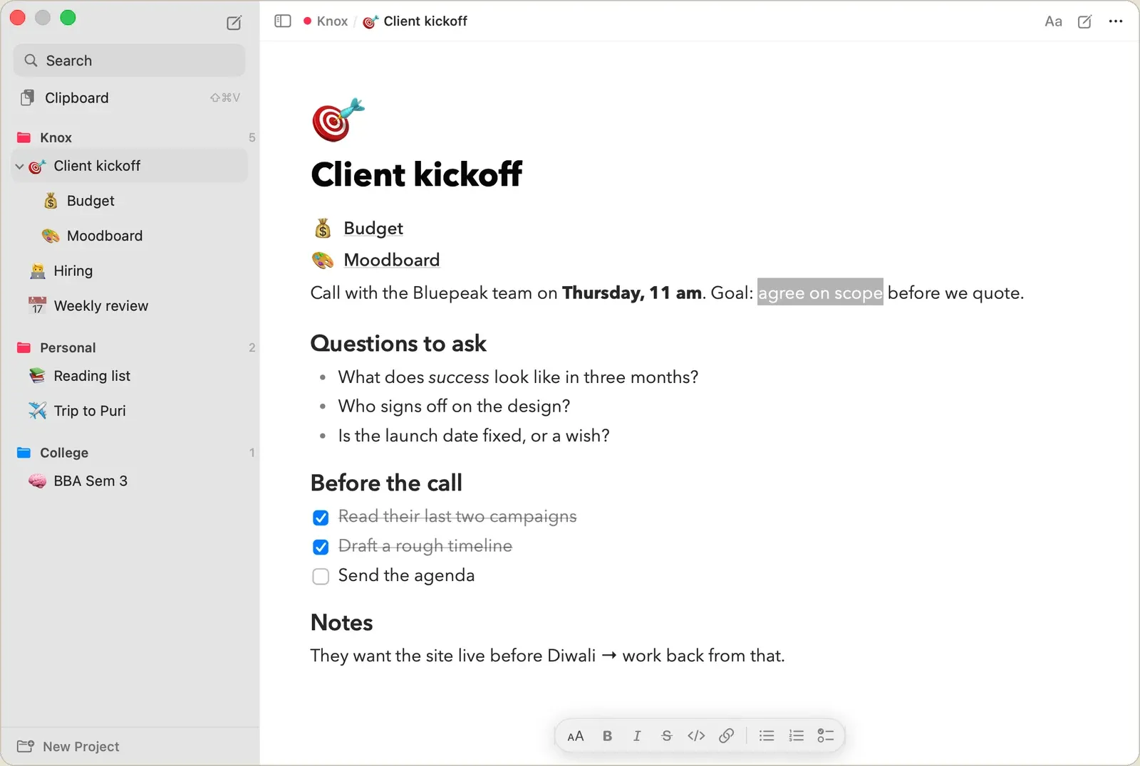 Text selected on the page, with a floating bar of formatting buttons at the bottom of the window