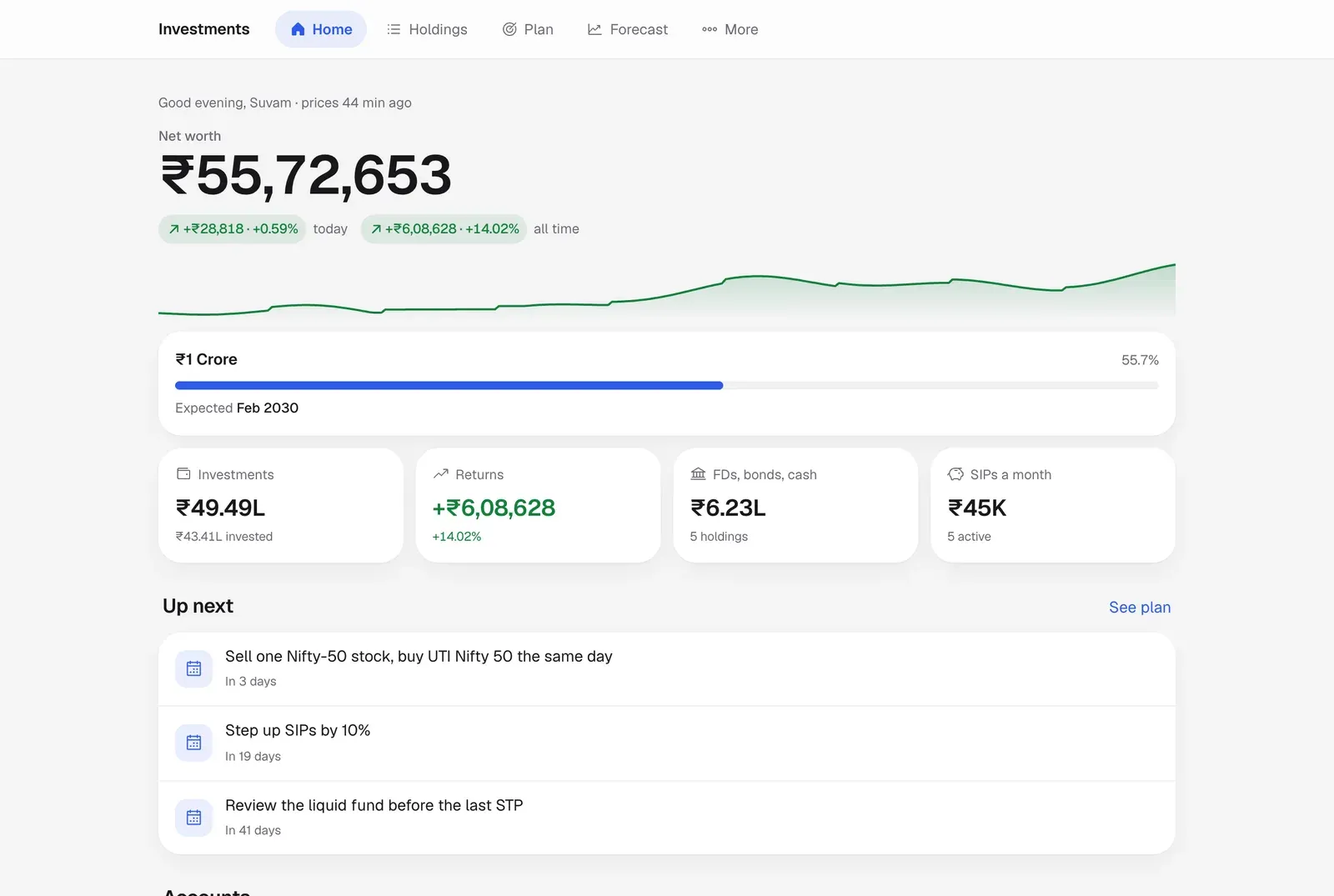 The home screen on a laptop: net worth, today's change and all-time return, a sparkline, progress towards a goal, four summary tiles and the next three things to do