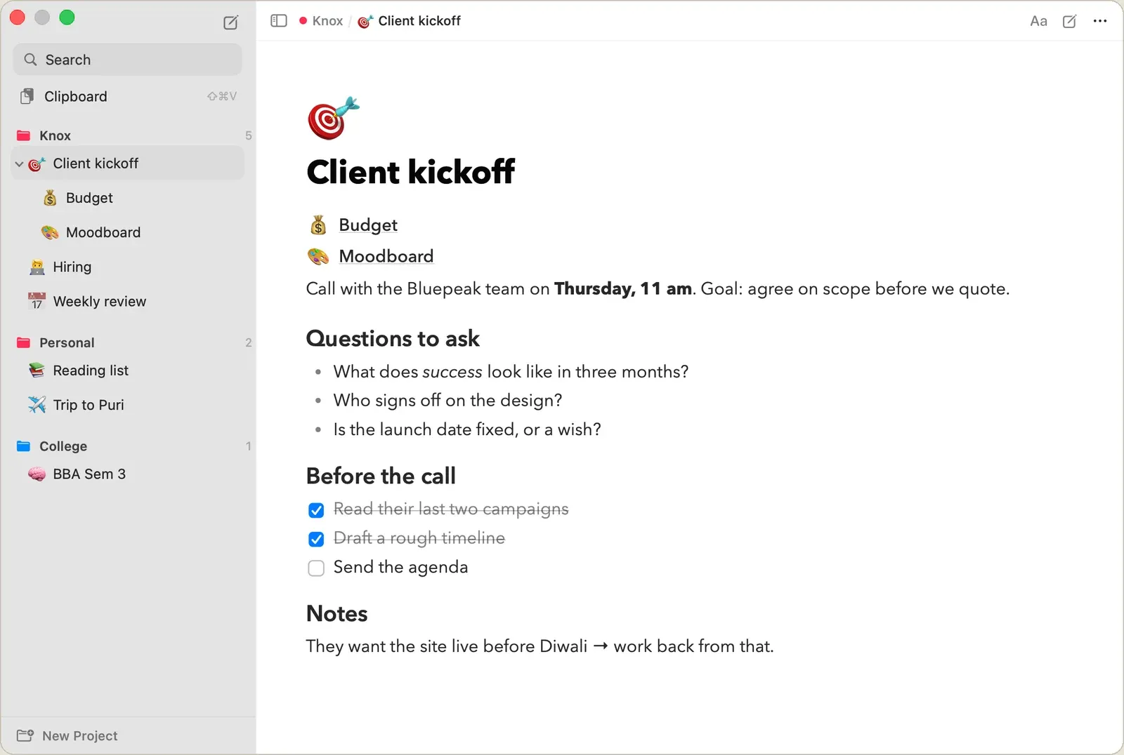 The Mac app wide, with the sidebar of projects and pages, and a sub-page tree under Client kickoff