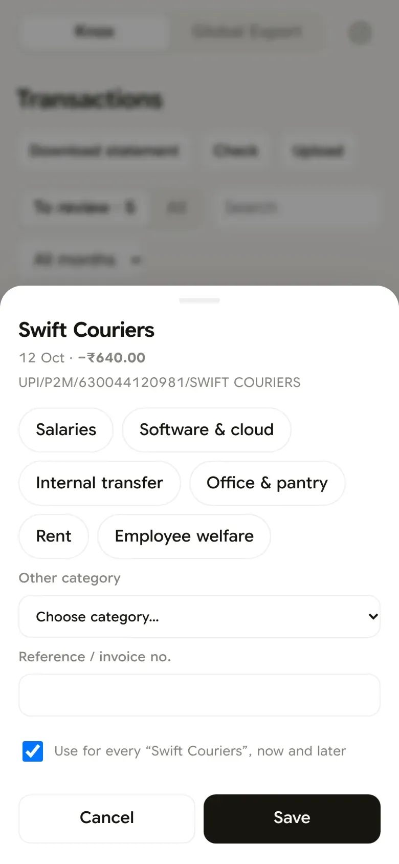 A bank row from SMS being categorised, with the option to use the same category for every row from that payee