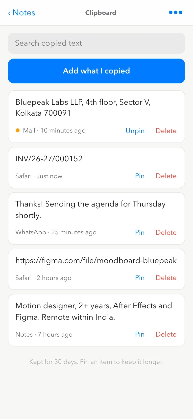 The Clipboard on the phone, with an Add what I copied button above the list