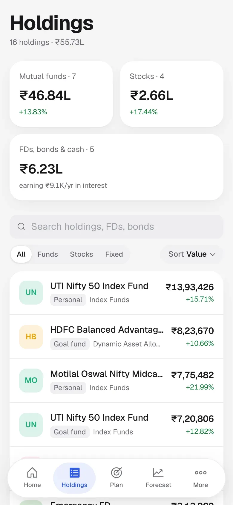 The Holdings screen on a phone: funds, stocks, and FDs, bonds and cash, then every holding with its account and return