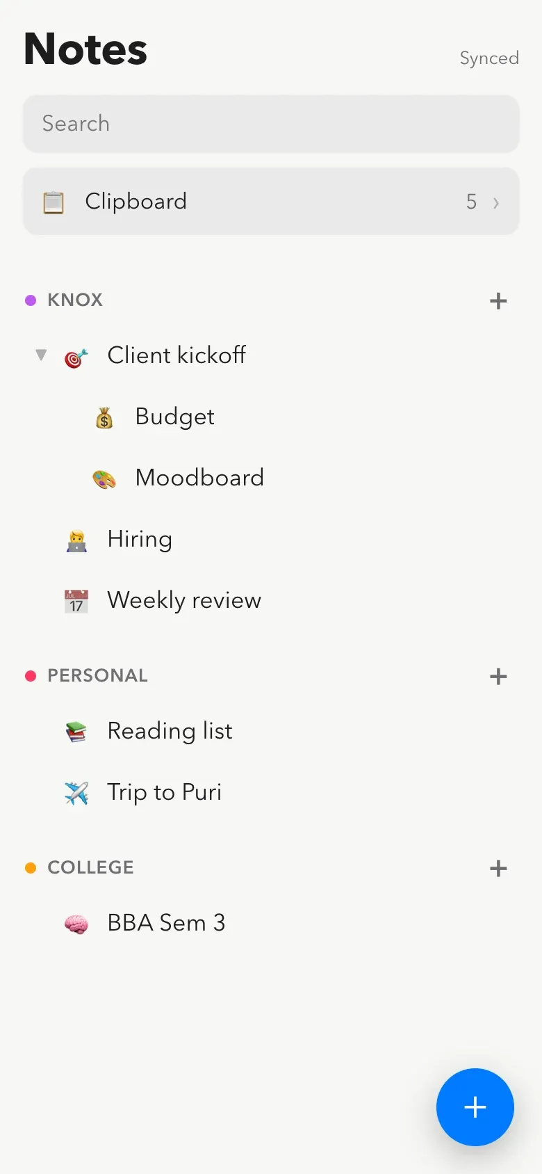 The phone app's home: a Clipboard row, then projects with their pages and sub-pages