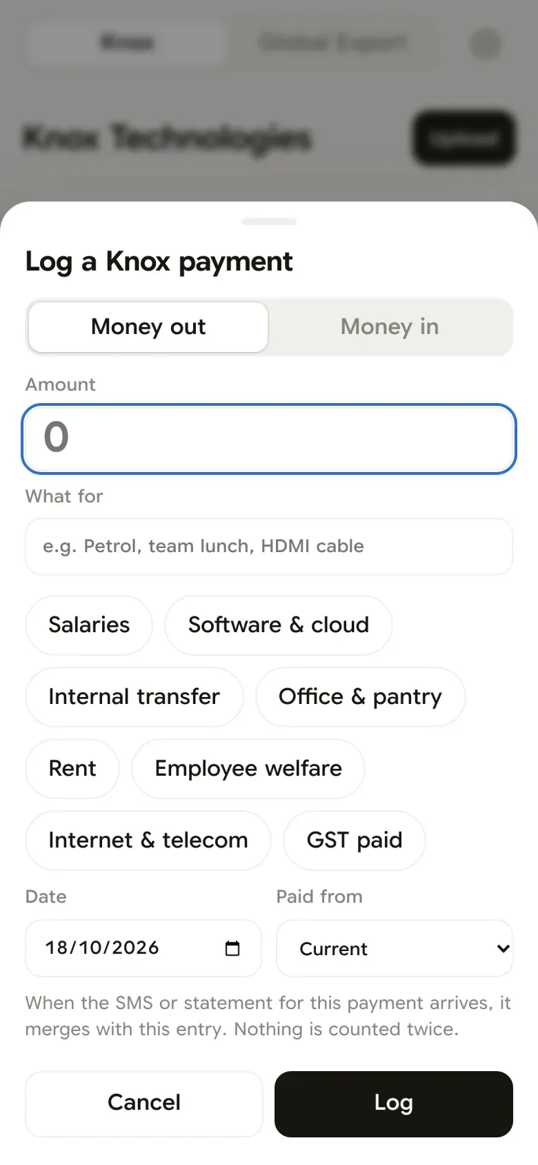 Logging a payment on the phone: money out, amount, what for, a row of one-tap categories, date and account