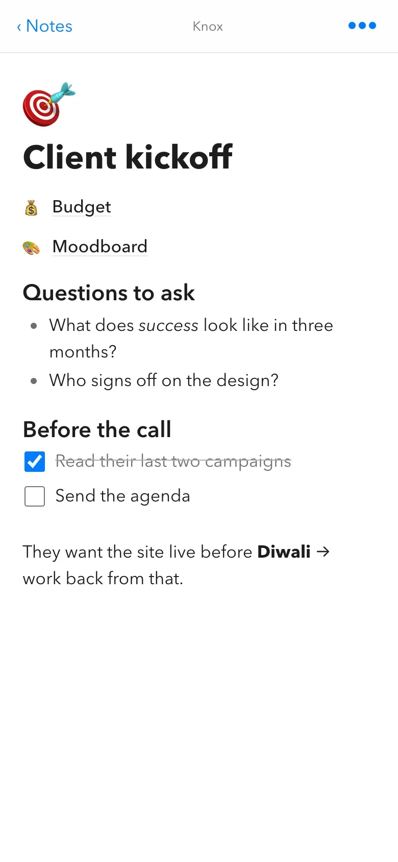 A page open on the phone, with the same headings, bullets and to-dos as on the Mac
