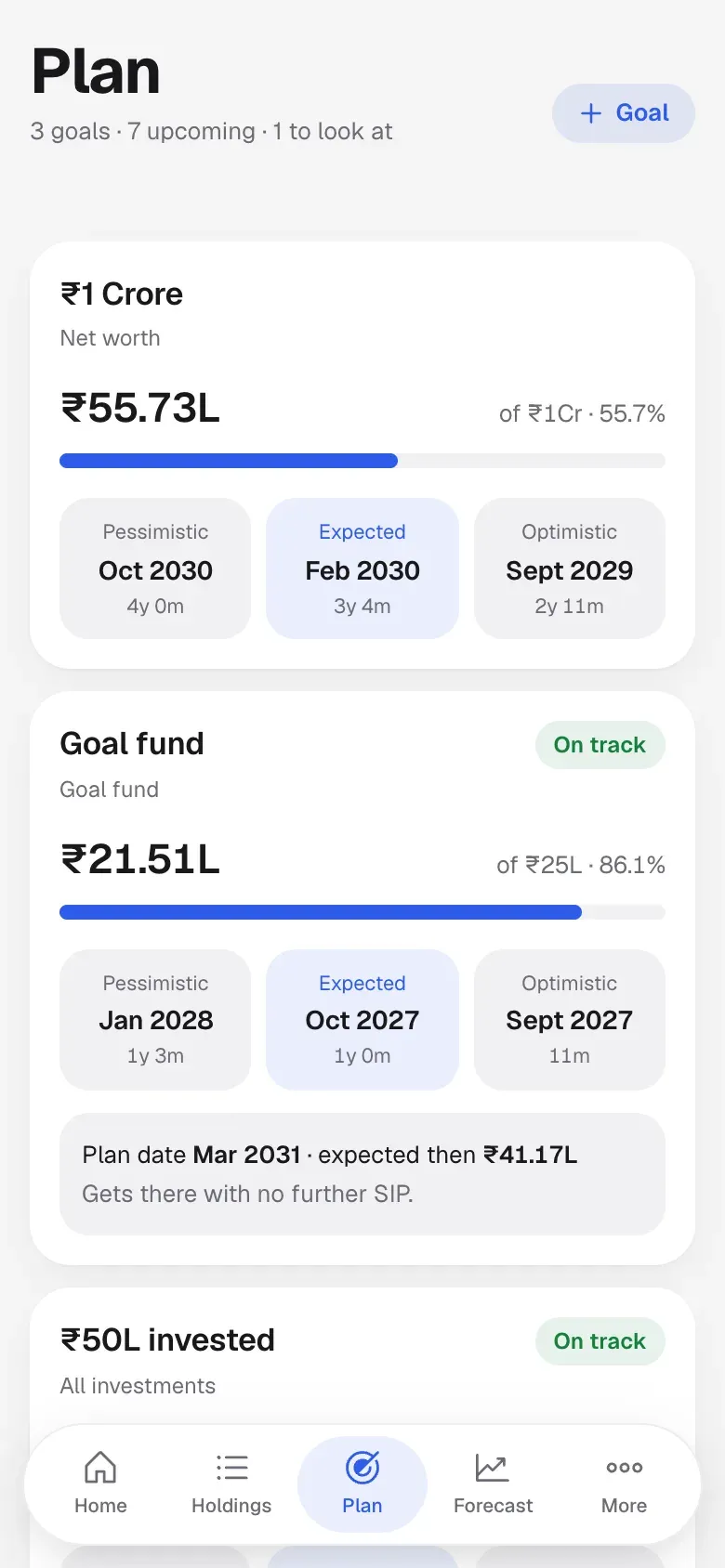 The Plan screen on a phone: each goal with pessimistic, expected and optimistic dates