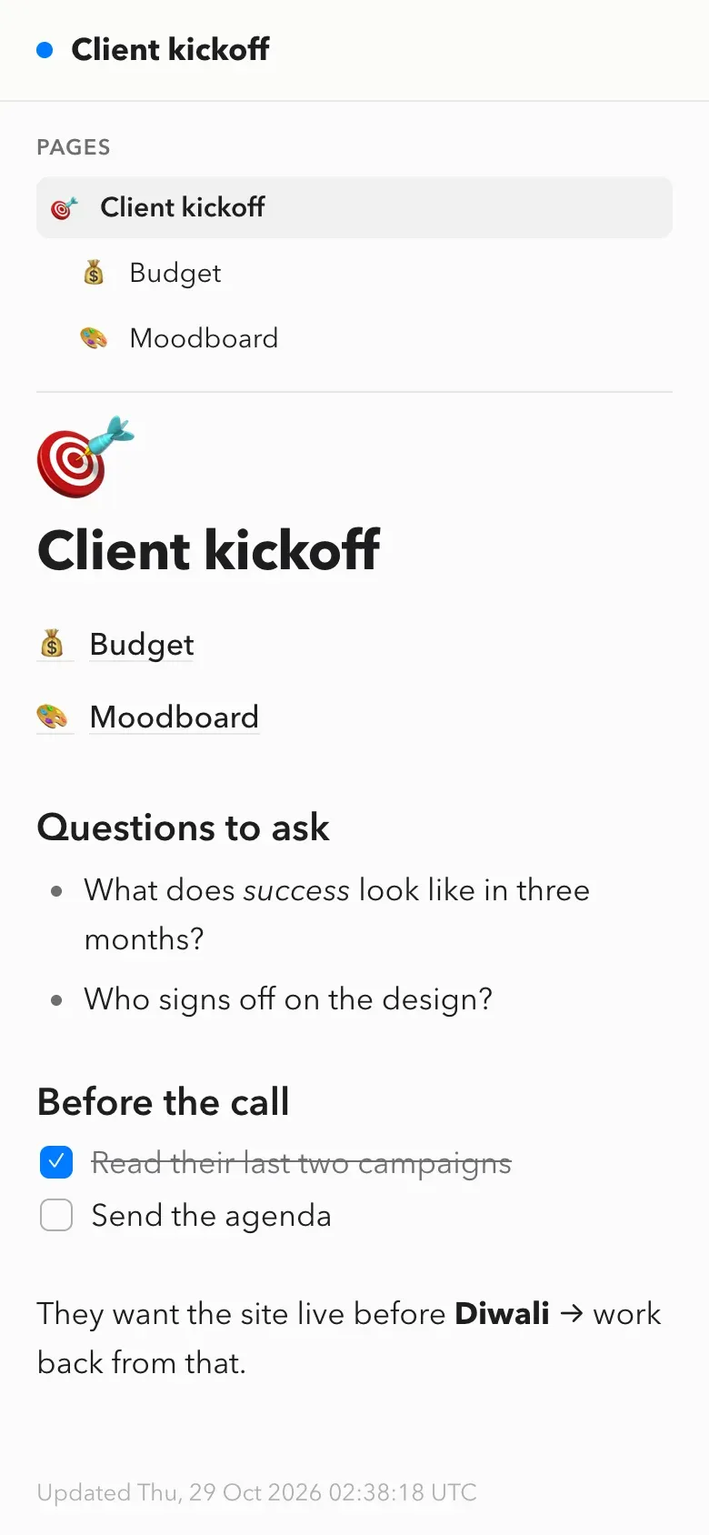 A shared page in a phone browser: the page tree, the title and the formatted text, read-only